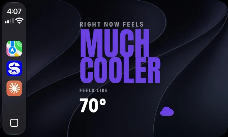 ThermoDiem full screen in CarPlay: right now feels much cooler, feels like 70 degrees.