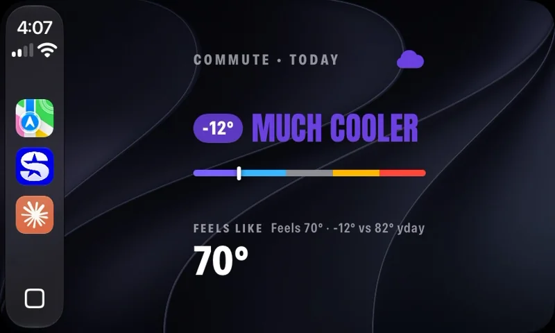 ThermoDiem commute view in CarPlay, showing minus 12 degrees, much cooler, and the seven colour scale.