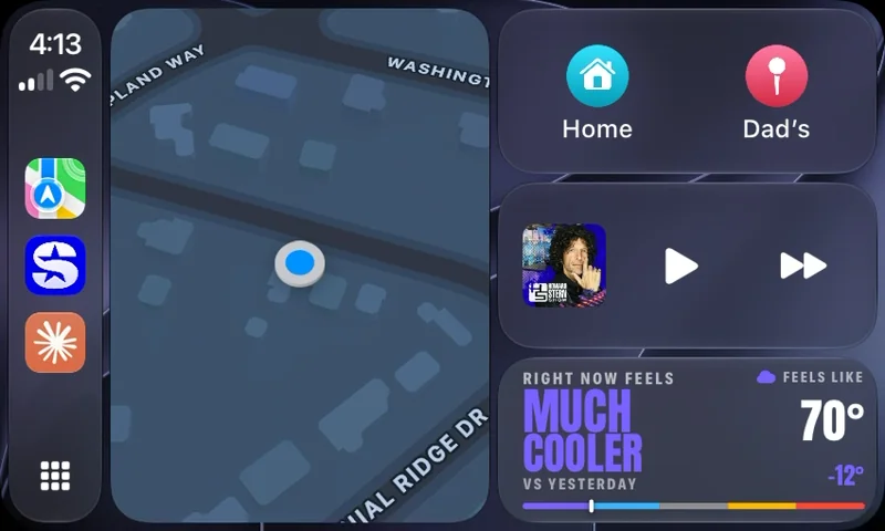 A CarPlay dashboard with Maps on the left and the ThermoDiem widget lower right, reading much cooler, feels like 70 degrees, minus 12 versus yesterday.